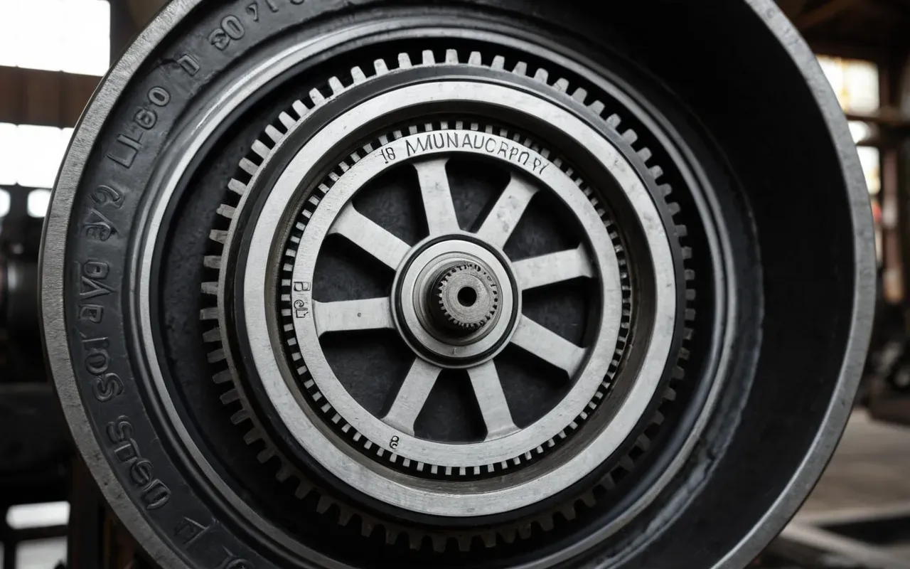 industrial machinery details Close up view of heavy industrial machinery components including gears and belts with metallic textures and soft shadows highlighting mechanical precision in a clean studio environment without any labels or text.