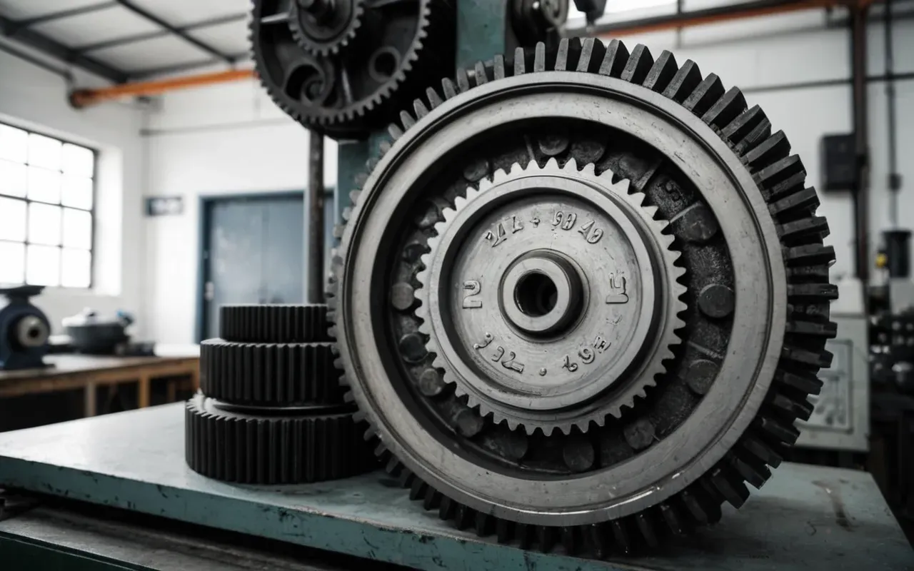 Close up view of industrial mixing equipment gears and belts in a clean workshop setting with bright white lighting highlighting the mechanical complexity and precision engineering required for silent operation without any visible labels or text.