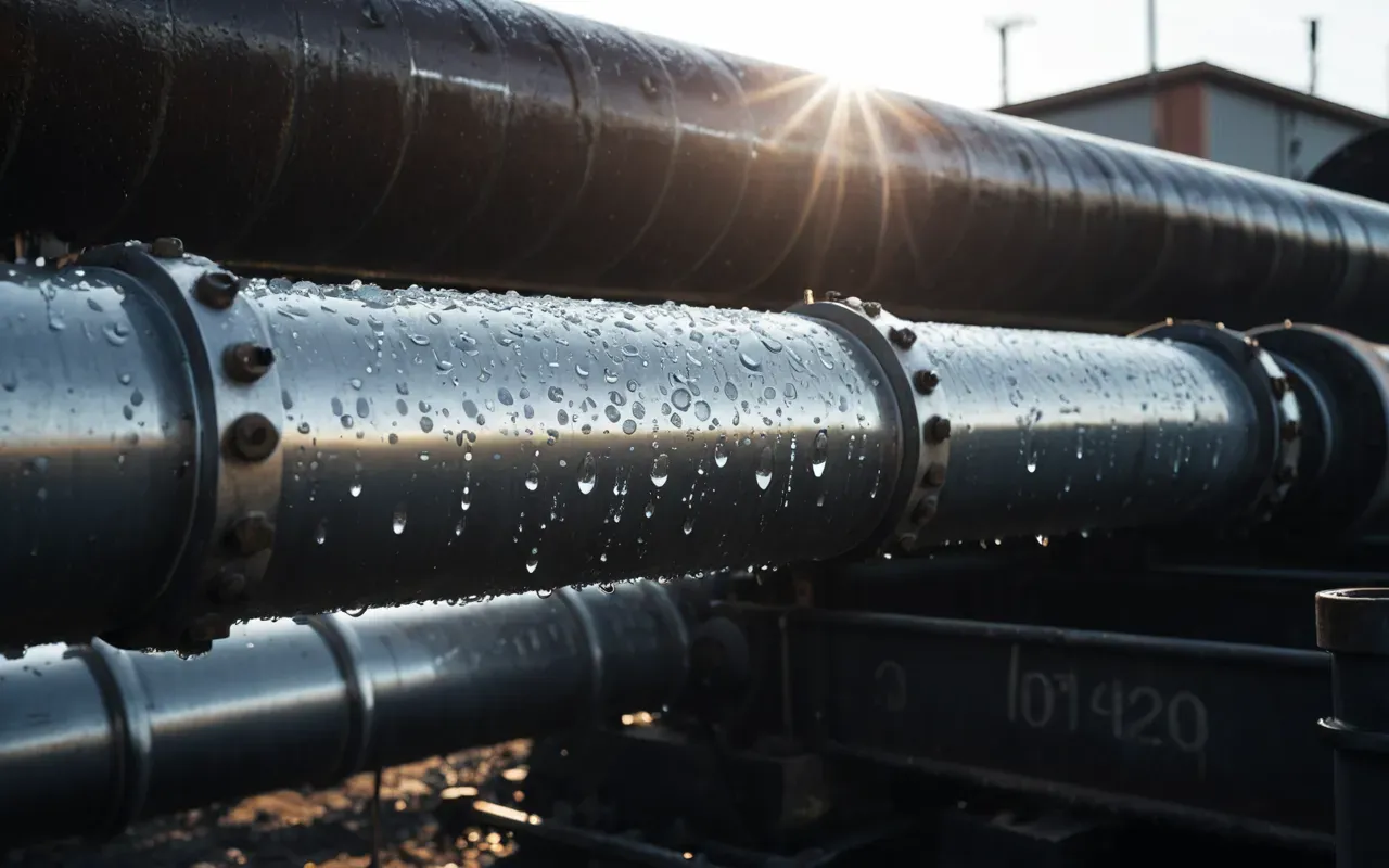 Detailed view of metal industrial pipes with condensation drops on the surface, reflecting bright sunlight, showing signs of weather impact on machinery