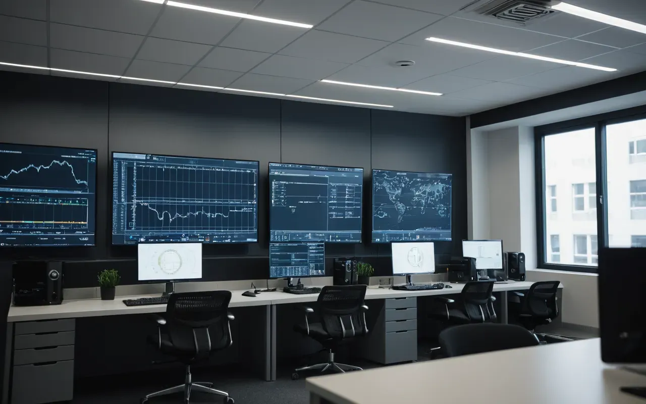 engineering visualization workspace Editorial photograph of a modern engineering office with large screens displaying technical diagrams and blueprints in soft ambient lighting focusing on the workspace rather than any specific interface content.