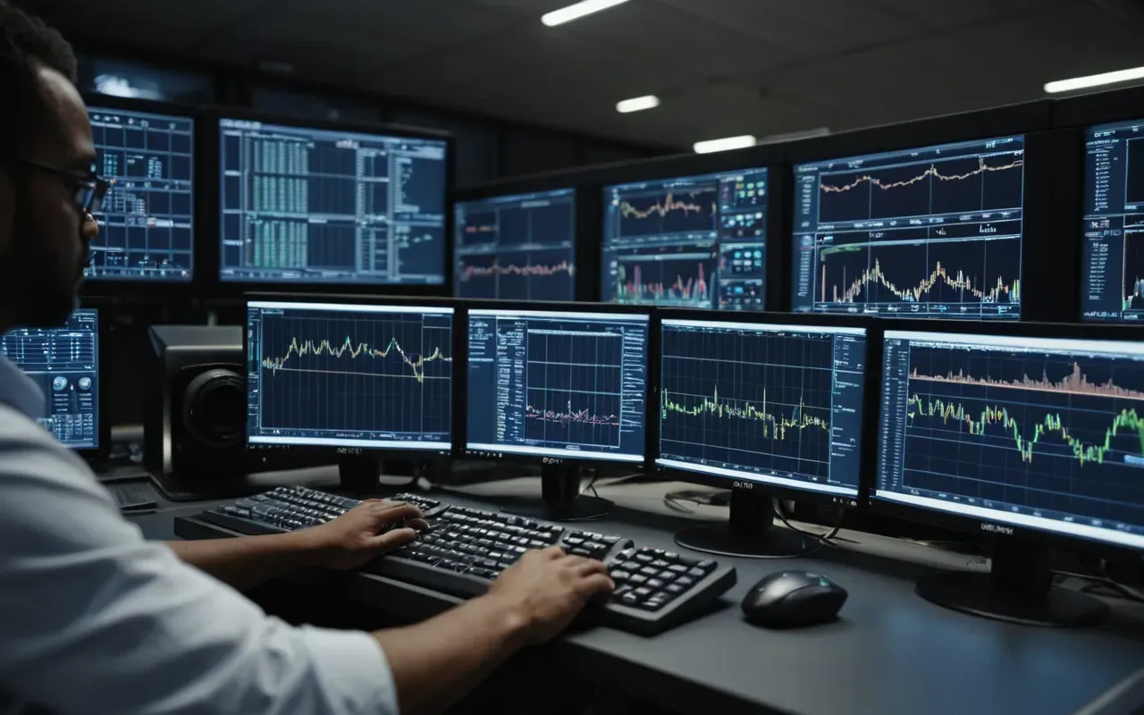 Interior view of a modern control room with multiple computer monitors displaying data graphs and operator hands on keyboard in dim lighting