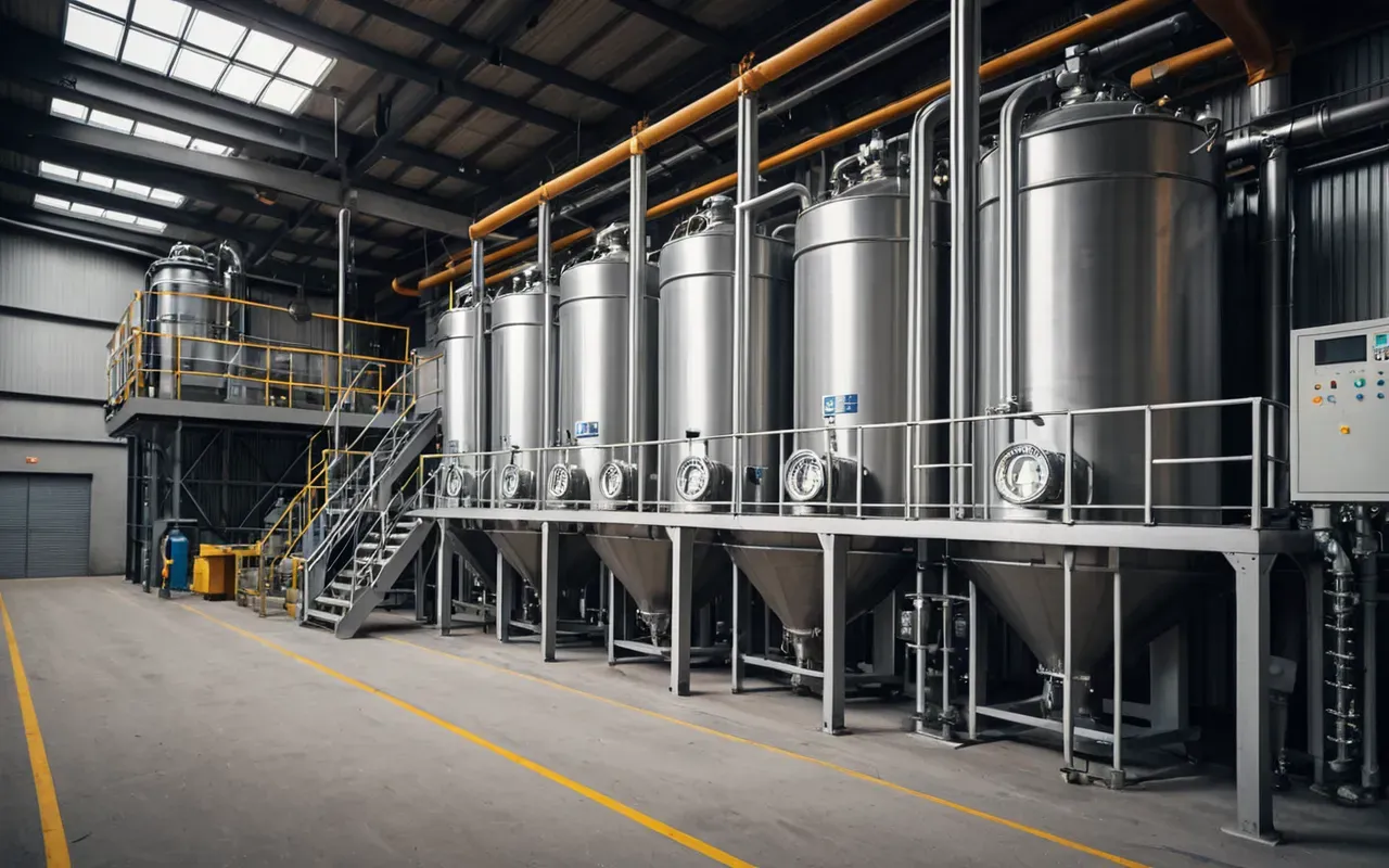 Interior view of a modern dry mortar mixing station showing large steel hoppers and pneumatic pipes connected to a central control panel. The space is clean with bright white lighting reflecting off the metal surfaces, highlighting the precision engineering involved in automated material handling.