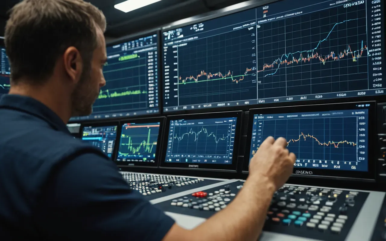 Interior view of an industrial control room with large monitors displaying real-time production graphs and operator hands adjusting physical dials under focused task lighting.