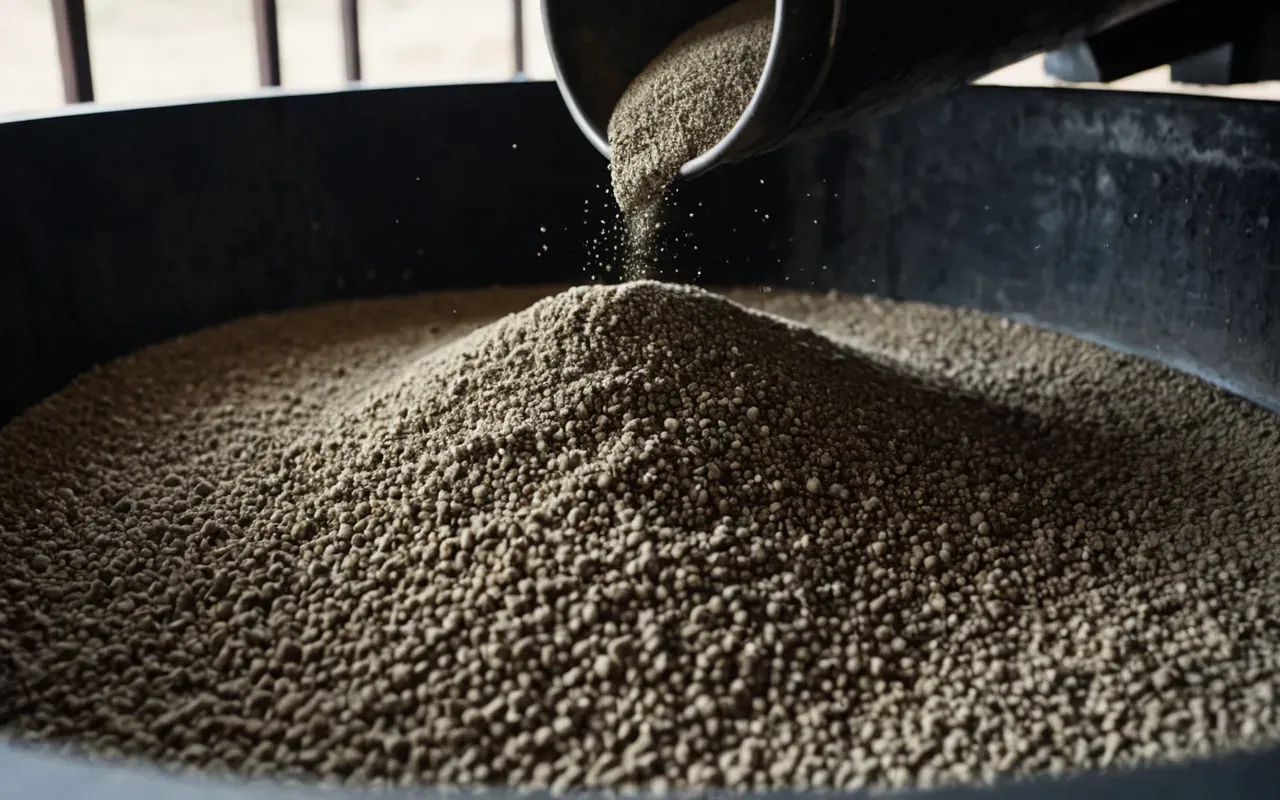 Macro shot of granular sand and cement powder flowing through a metal chute, high contrast lighting, sharp focus on particle texture, industrial setting