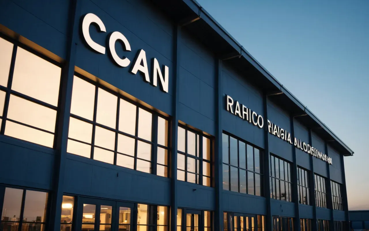 Modern industrial facility exterior at dusk with warm interior lights glowing through large windows and a clear blue sky.