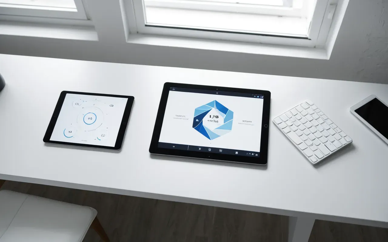 Overhead view of a clean white desk with digital tablet displaying abstract geometric shapes and blueprints, soft natural light from window, minimalistic workspace setup