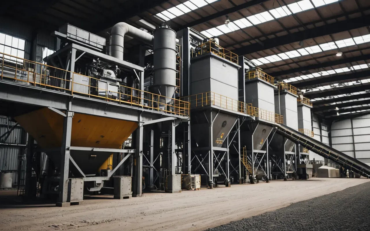 Photorealistic view of a large industrial dry concrete batching plant interior with steel aggregate hoppers and conveyor systems under bright overhead lighting.