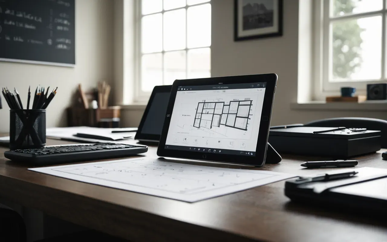 View of an engineer desk with blueprints spread out next to a tablet showing 3D models, pen holder nearby, natural window light from side, organized workspace