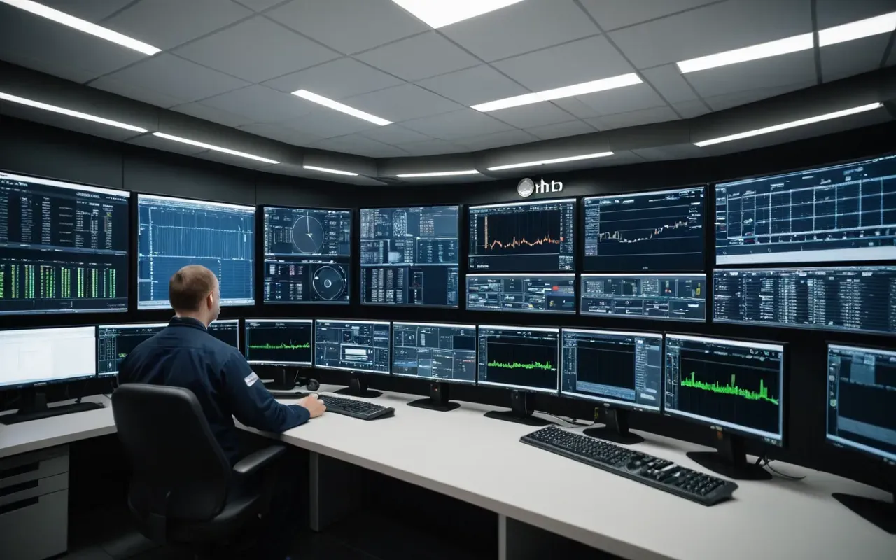 Wide angle shot of a modern control room with multiple monitors displaying data dashboards, a technician monitoring the screens, clean professional environment