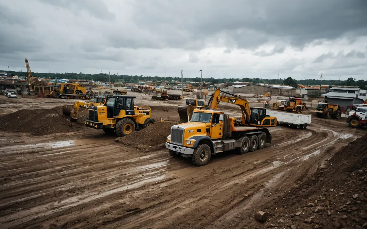 Wide angle view of a chaotic construction site with heavy machinery parked randomly on uneven dirt ground under overcast sky, editorial photography style showing disorder and lack of planning