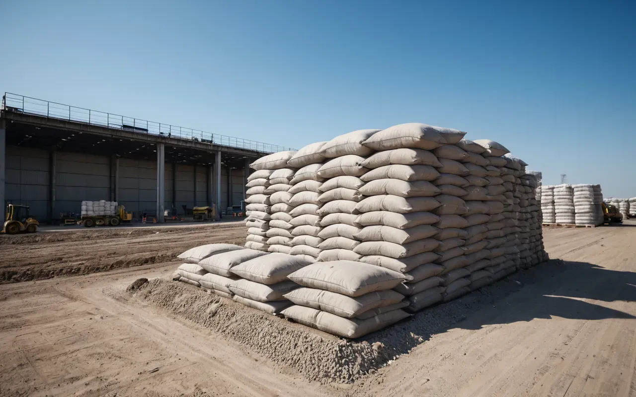 Wide shot of a modern construction site with stacked dry cement bags and automated loading equipment under clear blue sky showing clean industrial organization.
