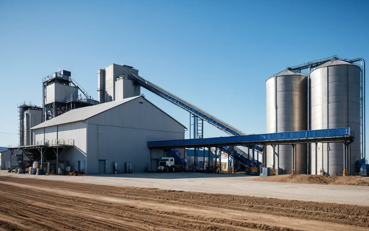 Wide shot of a modern industrial concrete batching plant exterior with clean lines, steel silos, and conveyor belts under a bright blue sky, photorealistic style