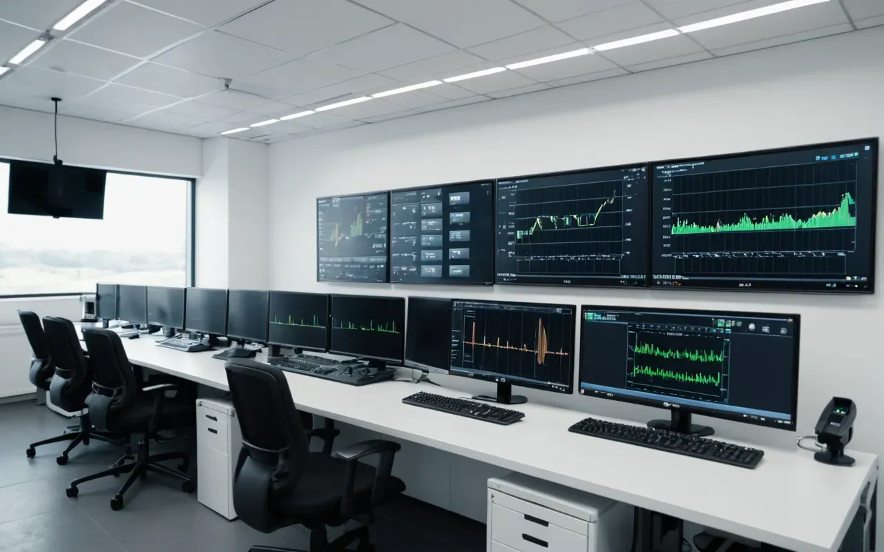 Wide shot of a modern industrial control room with multiple screens showing data graphs, clean white walls, ergonomic chairs, calm professional atmosphere
