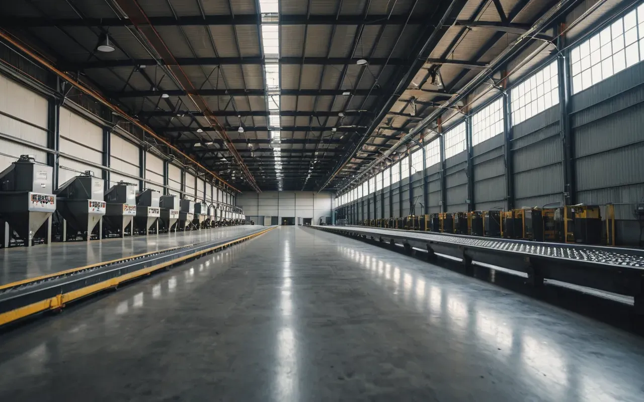 Wide shot of an industrial warehouse interior with large metal hoppers and conveyor belts, bright fluorescent lighting, clean concrete floor, no people visible