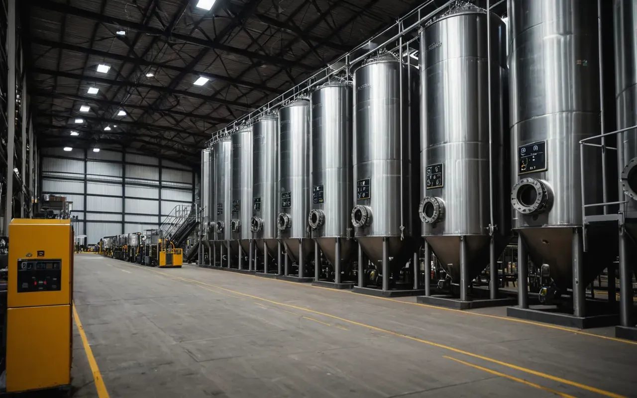 Wide shot of industrial machinery inside a large warehouse with tall metal silos and conveyor belts under bright artificial lighting