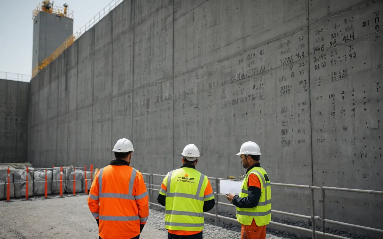 Workers in high-visibility clothing inspecting a large concrete wall structure at a secure industrial facility with safety barriers and engineering tools visible.